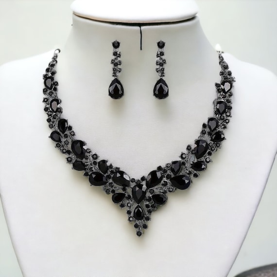 Black Jewelry Set Black Necklace Earrings Bracelet Ring Set Crystal Rhinestone Wedding Bridal Gothic Bridesmaid Jewelry Goth Halloween Prom