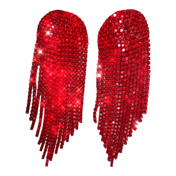 Red Earrings Wide Large Long Tassel Fringe Dangle Earrings Cluster Chunky Crystal Rhinestone Drop Earrings Christmas Bridal Prom Jewelry