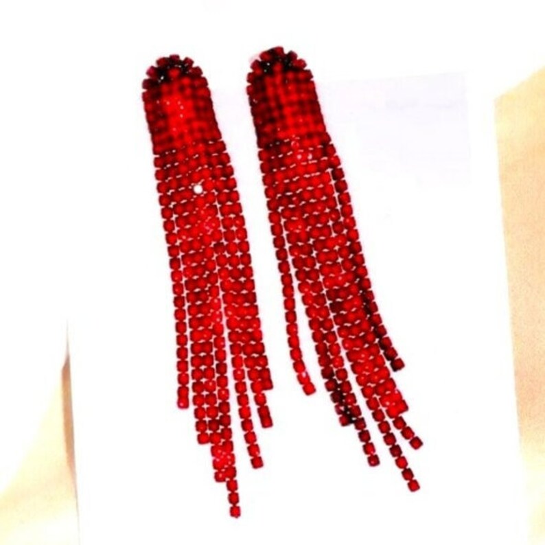Red Earrings Dangle Drop Boho Statement Earrings Bridal Wedding Earrings Diamond Earrings Tassel Fringe Earrings Prom Crystal Drop Earrings Red Earrings