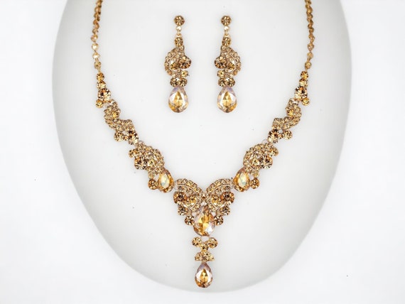 Gold Necklace and Earrings Set Bracelet Ring Gold Bridal Jewelry Set Gold Prom Necklace Gold Wedding Jewelry Rhinestone Statement Earrings