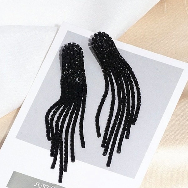 Black Earrings Rhinestone Earrings Fringe Tassel Dangle Earrings Statement Earrings Black Jewelry Set Prom Pageant Wedding Bridal Jewelry