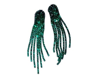 Emerald Green Earrings Green Tassel Rhinestone Dangle Earrings Long Green Bridal Jewelry Fringe Earrings Wedding Statement Prom Jewelry