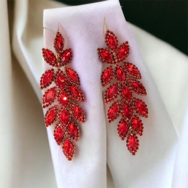 Red Earrings Red Rhinestone Earrings Red Bridal Jewelry Prom Jewelry Red Large Long Crystal Cluster Chunky Leaf Teardrop Statement Earrings