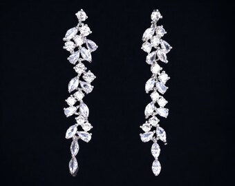 18k Silver Crystal Rhinestone Dangle Earrings Diamond Cubic Zirconia Tassel Leaf Chandelier Drop Earrings Wedding Bridal Prom Jewelry Set