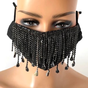 Face mask Rhinestone face masks bling face mask crystal face mask bridal black face mask dangly tassel fringe face mask halloween face mask