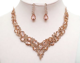 Rose Gold Earrings Necklace Bracelet Ring Set Rose Gold Bridal Jewelry Set Prom Diamond Crystal Rhinestone Dangle Formal Statement Earrings