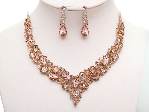 Rose Gold Earrings Necklace Bracelet Ring Set Rose Gold Bridal