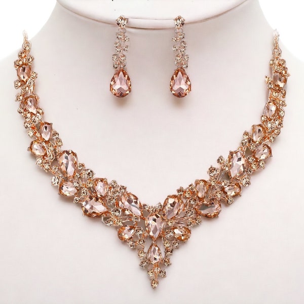 Rose Gold Earrings Necklace Bracelet Ring Set Rose Gold Bridal Jewelry Set Prom Diamond Crystal Rhinestone Dangle Formal Statement Earrings