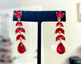 Red Earrings Dangle Flower Vine tassel Rhinestone Earrings Statement Earrings Bridal Jewelry Prom Jewelry Bridesmaid Crystal Earrings