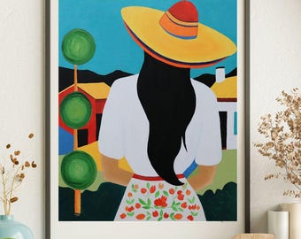 Art PRINT,summer,colorful art,modern folk art,female art,modern portrait,modern landscape, vibrant wall art, living room decor, bedroom art