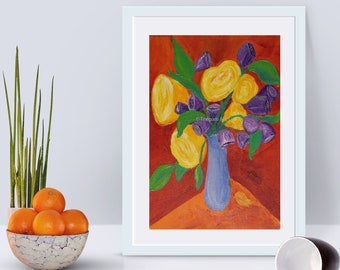 Original acrylic painting, framed, ready to hang, 11x14  Orange and Yellow Floral in blue vase, colorful decor, abstract art, Texipam Art