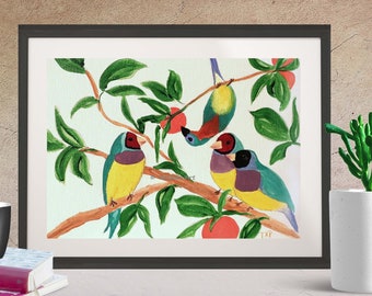 Art PRINT, tropical art, bird and fruit art print, orange and greens, colorful wall decor, original by Texipam Art