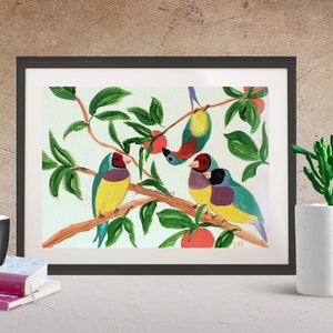 Art PRINT, tropical art, bird and fruit art print, orange and greens, colorful wall decor, original by Texipam Art