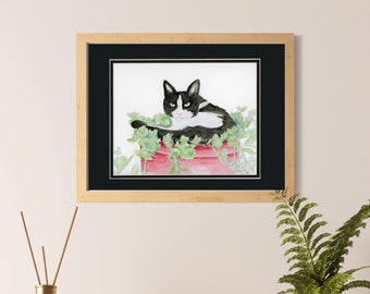 Art PRINT, black cat watercolor, black and white cat portrait, tuxedo cat wall print, multiple print sizes available, by TexipamArt