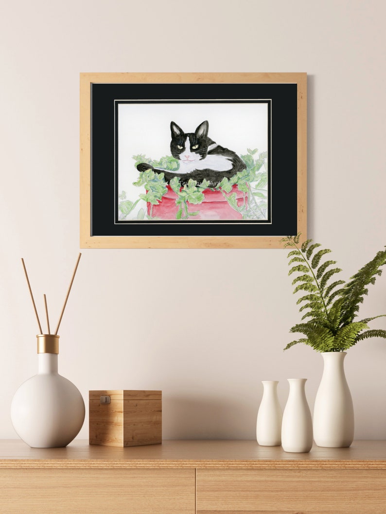 black and white cat portrait 8x10 matted to 11x14, Cat in Plant Original Watercolor by TexipamArt