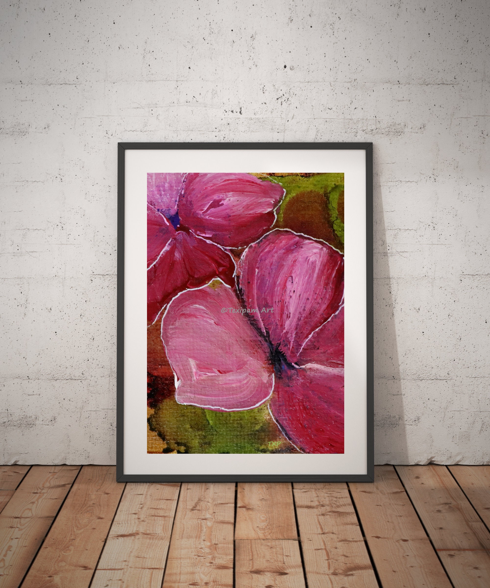 Pink Floral Art Print, Pink and Greens, Framed Ready to Hang Option