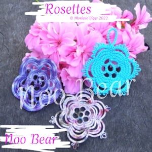 Tatting pattern by Noo Bear. PDF digital download, PDF pattern, 3 rosette designs (includes 1 free pattern)