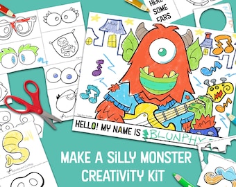 DIY Make a Monster Creativity Kit, Silly Monster Maker Craft, Preschool Birthday Party, instant download PDF