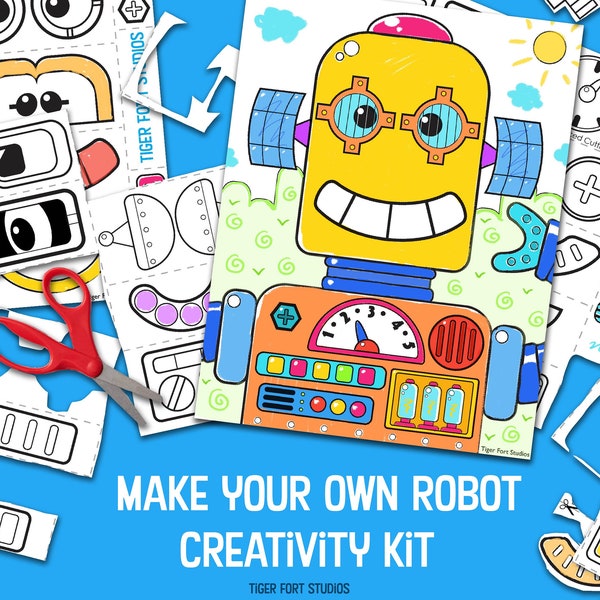 DIY Haga un kit de creatividad de robot: descarga instantánea de hojas de trabajo de diseñador de robots, actividad preescolar STEM, fiesta de cumpleaños de robots