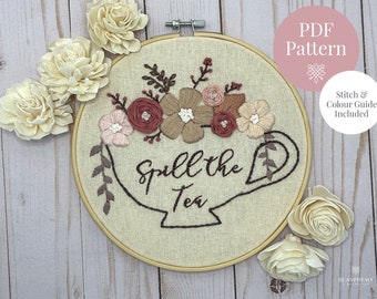 PDF Pattern | Spill the Tea | Embroidery design for 8” hoop. Includes easy to follow stitch & colour guide. Great for beginners!