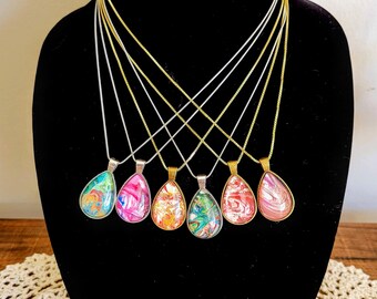 Tear Drop Bezel Pendant Necklaces Hand-painted, Fluid Art, multi-colored, glittery
