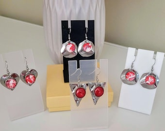 Red, Pink Earrings, Hand-painted fluid art Dangling teardrop, Valentine Gift