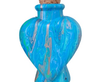 Teal Blue Heart Valentine Vase, Hand-painted, Heart-Shaped with Glittery Cork Stopper