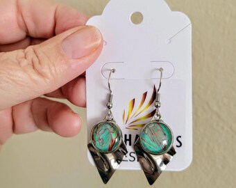 Hand-painted fluid art dangling teardrop earrings teal, turquoise