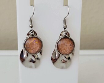 Hand-painted fluid art dangling teardrop earrings champagne, metallic gold