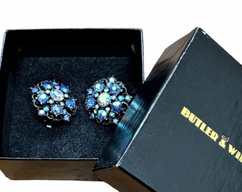 Vintage BUTLER & WILSON Clip On Earrings - Sparkling Blue Aurora Borealis Stones - 2.5 cm / 1" Diameter - Original Box