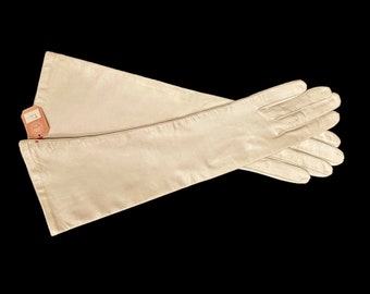 Gants vintage en cuir d'enfant longueur coude Gants CHANUT - Écru - Fabriqués en France - Taille 7-1/2 neufs et inutilisés avec emballage d'origine