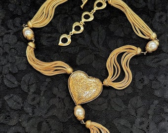 Spectacular Vintage Signed YSL Yves Saint Laurent Heart Tassel Necklace with Faux Pearls - Multi Strand Foxtail Chain