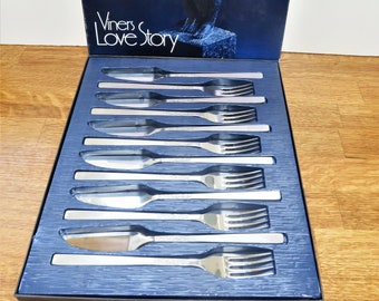 Vintage VINERS Set of Fish Knives and Forks - Love Story Patterns - Six of Each - Stainless Steel - Boxed