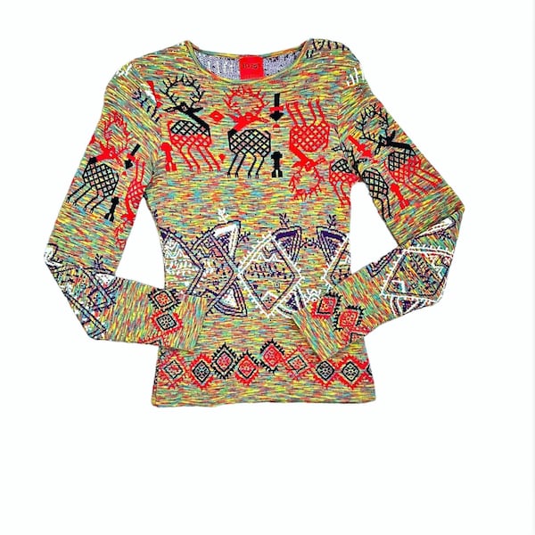 Vintage CHRISTIAN LACROIX Bazar Intarsia Knit Multi-Colour Jumper - 100% Wool - Soft and Stretchy - Size Small