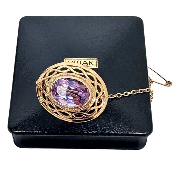 Scottish Malcolm Gray ORTAK 9ct Gold Amethyst Celtic Brooch with Safety Chain - Original Box - Hallmarked - 27 mm x 22 mm