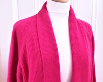 Vintage JAEGER Fuchsia Long Line Edge to Edge Ribbed Cardigan - Extra Fine Merino/Angora Blend - Size Small - Unworn