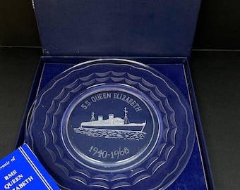 RMS Queen Elizabeth Cunard Liner Plate: Stuart Crystal Glass, Original Box & Leaflet