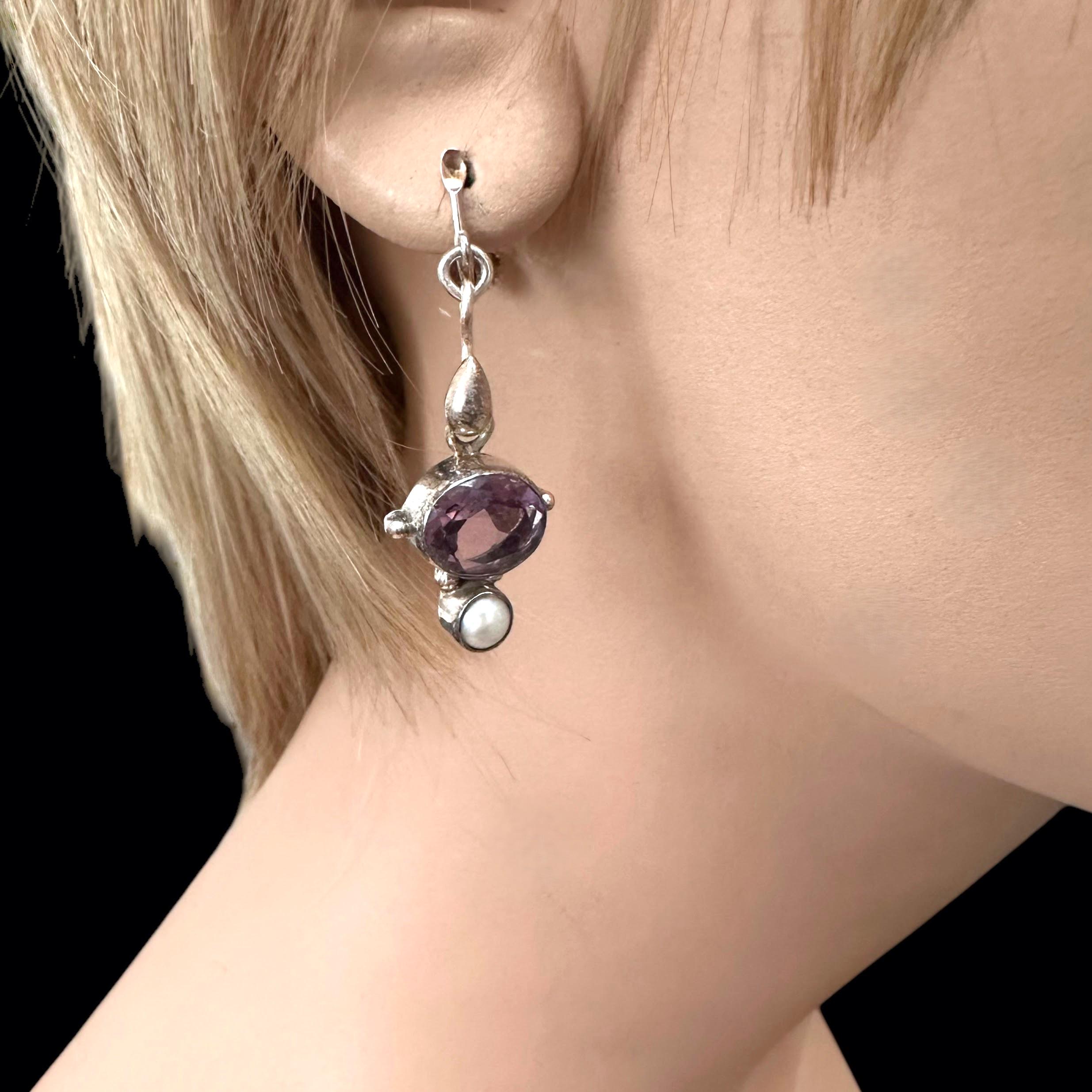 Boucles D'oreilles Argent 925 Perles Améthyste - Style Bohème Vintage - Neuf Sans Emballage