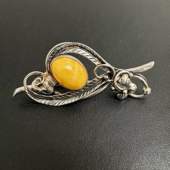 Broche Vintage En Argent Massif Avec Pierre D'ambre - Bijou Ancien Et élégant