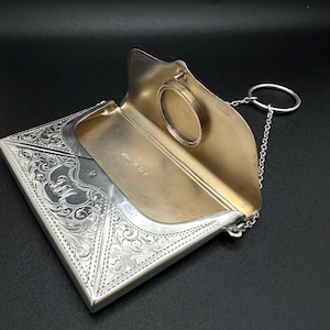 Antiek 1910 sterlingzilveren kaarthouder / dansportemonnee met ketting en vingerlus - Adie & Lovekin volledig gestempeld - 80 mm x 60 mm