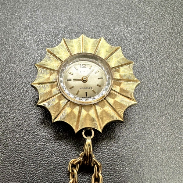 Vintage SONIC Ladies Pendant Watch - Swiss Made - Mechanical Movement - Incabloc - Perfect Working Order - 26 Inch Chain