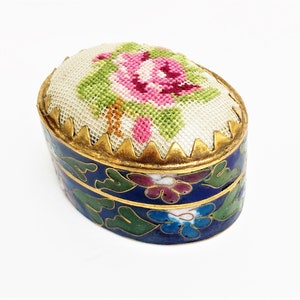 Vintage Floral Cloisonne Enamel and Petit Point Hinged Pill Box / Earring Box / Ring Box  - Oval Shaped