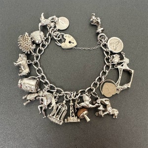 Vintage Sterling Silver Heart Padlock Charm Bracelet with 19 Silver Charms - 19 cm / 7.5 Inches - 70g