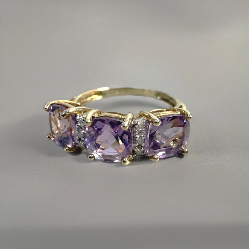 Vintage 9ct Gold Amethyst and Diamond Trilogy Ring: QVC, Fully ...