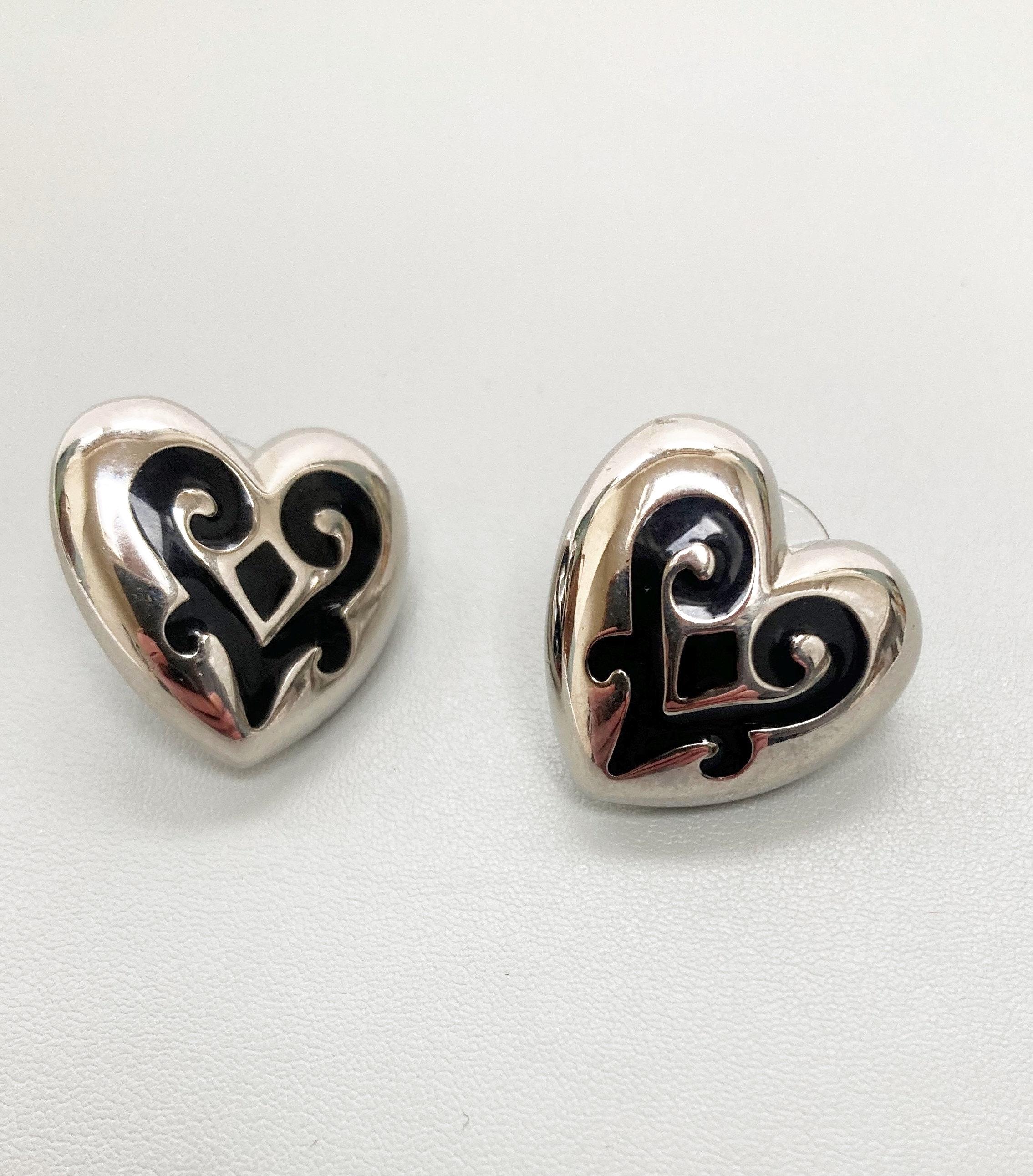 Signed TRIFARI Heart Earrings: Silver Tone With Black Enamel - Etsy