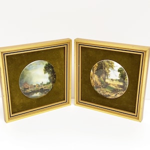 Vintage Pair of CROWN STAFFORDSHIRE Porcelain Pictures - Rural Scenes - Velvet Mounts - Gold Frames - 5.5 Inches Square