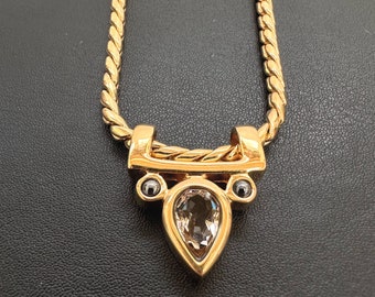 Vintage Signed SWAROVSKI Gold Plated Necklace with Slider Pendant - 15.5 Inches / 19.5 cm Length