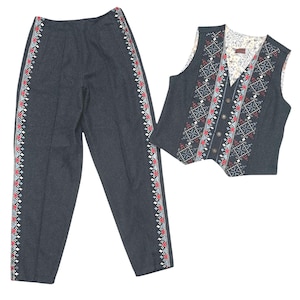 FIORUCCI Italy Vintage Women's Embroidered Ankle Length Peg Leg Trousers with Matching Waistcoat - Wool Blend - Size 40 Italy / 8 UK / 4 USA