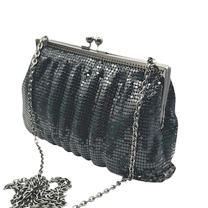 Bolso de noche de malla negra Scheilan Firenze 'Chainmail' - Bandolera o clutch - Cierre de beso de diamante - Cadena larga de metal