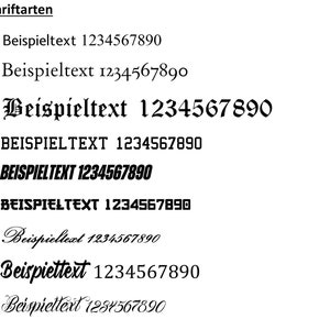May include: A collection of nine different font styles, each with the text "Beispieltext 1234567890". The fonts range from simple and classic to bold and decorative.